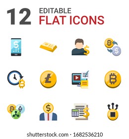 12 bank flat icons set isolated on white background. Icons set with digital banking, gold bar, Account, future of money, Altcoin, crypto-exchange, Cryptocurrency, Entrepreneurship icons.