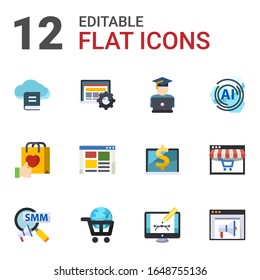 12 banner flat icons set isolated on white background. Icons set with Email Marketing, Interactive Course, eCommerce website, Brand engagement, front end, AI Pattern, Social Marketing icons.