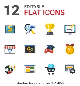 12 iconos planos de banner aislados en fondo blanco. Iconos con Entrenamiento por Computadora, Mercadeo Social, recompensa, Aprendizaje a Distancia, back-end, Diseño Web, Iconos de Campaña Social.