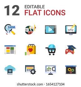 12 banner flat icons set isolated on white background. Icons set with Social Marketing, Social campaign, Encoding, front end, Brand engagement, Webdesign, Email Marketing icons.