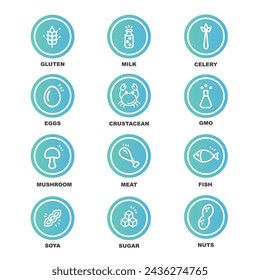 12 basic allergens and diet line icons set. Isolated on white background.