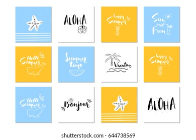 12 Beautiful summer poster with hand drawn lettering.  Template for sail, tropical vacation, banner, invitation, envelope, background, journal cards. 