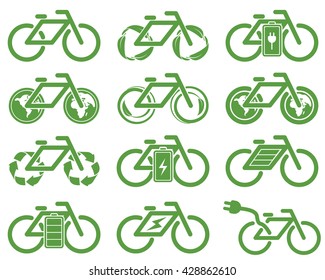 12 bicycle, ecobike, ecology green icons set on white background