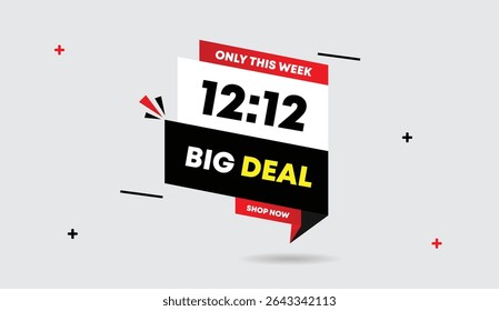 12 to 12 big deal only this week shop now editable web banner vector art illustration with black white red gradient shapes on white gray background unique eye-catching design perfect for promotions