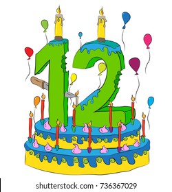 12 Birthday Cake With Number Twelve Candle, Celebrating Twelfth Year of Life, Colorful Balloons and Chocolate Frosting
