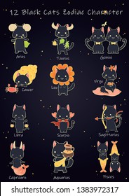 12 black cats zodiac cartoon character.