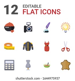 12 black flat icons set isolated on white background. Icons set with caviar, DSLR camera, Inkwell, measuring, jacket, Idea, Calculator, sewing mannequin, Soup, leather icons.