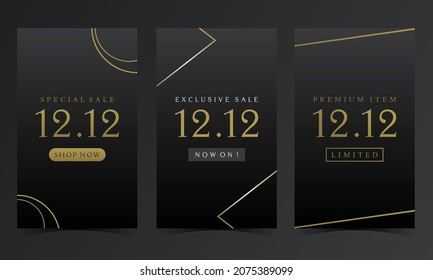 12 12 Black Gold Luxury Premium Sale. Set of 3 Simple Background Vector Flat Style. Suitable for banner, cover or poster