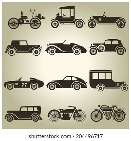 12 black icons vector retro transport on a beige background