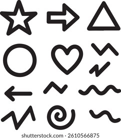 12 Black Shape Icons Grid, Essential Geometric and Abstract Symbols for Creative Design