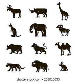 12 black vector icons of wild animals on a white background