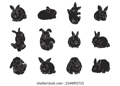 12 black and white rabbits. Symbol of the Chinese zodiac calendar. Cute decorative bunny. Clip art for childish clothes or interior. Minimalistic design. Flat style in vector illustration.