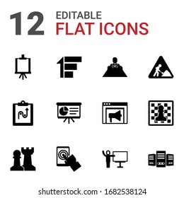 12 board filled icons set isolated on white background. Icons set with Easel, Priority, director, tactics, Presentation, construction works, Strategy game, testing, coach icons.