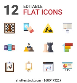 12 Pappe-Symbole einzeln auf weißem Hintergrund. Die mit Schach, Testen, Bauarbeiten, Big Data, Regisseur, Board Stand, Taktik, Easel, Bannerwerbung, Präsentationssymbole.