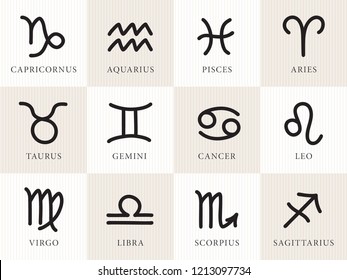 12 Bold Outline Style Zodiac Signs Capricorn Aquarius Pisces Aries Taurus Gemini Cancer Leo Virgo Libra Scorpio Sagittarius and Logos Lettering - Black on Beige Background - Vector Hand Drawn Design