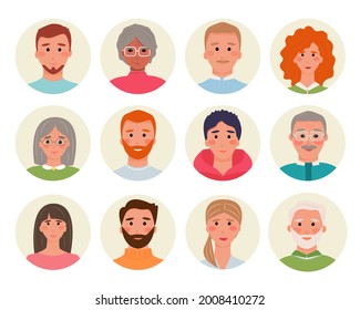 12 bright avatars of people. Characters of different races and ages. Men, women and transgender people. Universal design of forums, chat bots, support for online stores. Vector illustration, flat