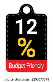 12% Budget Friendly sign tag, label vector art Black Background white and yellow lettering