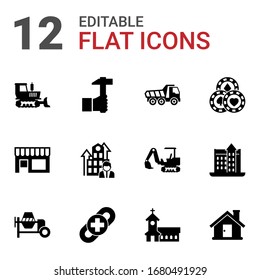 12 mit Gebäuden gefüllte Symbole einzeln auf weißem Hintergrund. Symbole mit Bulldozer, Handwerk, Tipper, Kleines Geschäft, Business Company, Casino, Betonmischer, Link Building Symbole.