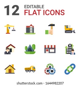 12 iconos planos de construcción aislados en fondo blanco. Iconos con grúa de torre, castillo, artesanía, servicio inmobiliario, camping, bulldozer, casa, Tipper, íconos del Casino.