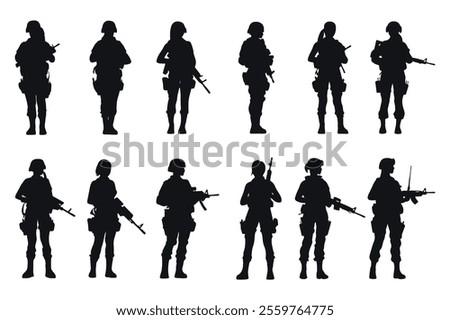 12 Bundle Set of Female Soldiers Silhouette vector, Military, Army Woman vector