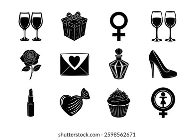 12 bundle templet of Women’s Day Elements Bundle – Wine, Rose, Gender Symbol, Cake, Gift Box, Butterfly 