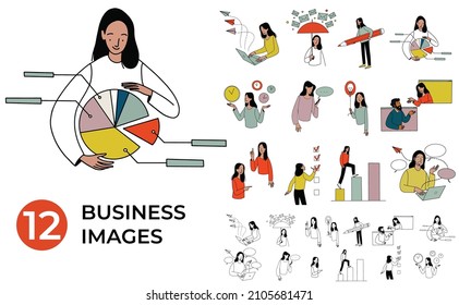 12 Business flat vector images, startup collection, woman with computer illustration, set social media marketing 