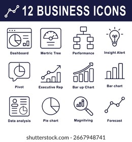 12 Ícones de Vetor Comercial - Painel de Instrumentos, Análise, Desempenho e Símbolos de Previsão.