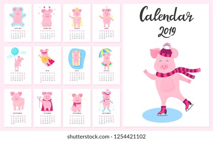 12 calendar cards with funny pigs for each month of the year 2019. Cute piggy in a cap and scarf skating.