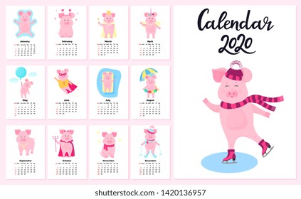 12 calendar cards with funny pigs for each month of the year 2020. Cute piggy in a cap and scarf skating.