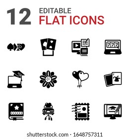 12 iconos llenos de tarjeta, aislados en fondo blanco. Iconos con juegos de azar, póquer, Procesador de Pagos, eCommerce, Diseño Floral, casino en línea, Scrapbooking, iconos de camión casados.
