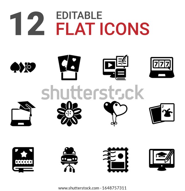 12
card filled icons set isolated on white background. Icons set with
gambling, poker, Payment Processor, eCommerce, Floral design,
online casino, Scrapbooking, just married car
icons.