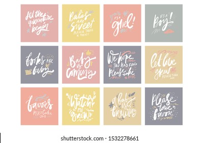 12 cards for baby shower. Hand lettering illustration. 