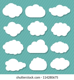 12 Cartoon Clouds, Isolated On Blue Background, Vector Illustration