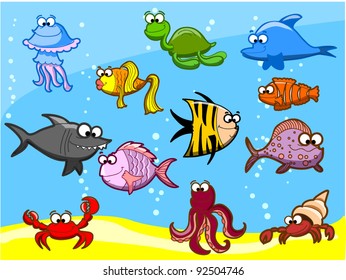 12 cartoon fish in the sea, vector illustration