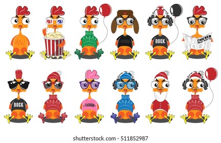 12 Cartoon Roosters. Rooster hipster, rooster punk, rooster with popcorn, rooster with sweater, rooster santa claus. Set vector illustration. Symbol 2017