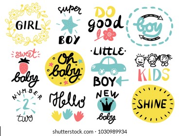 12 children s logo with handwriting Little, Girl, Boy, Hello, Oh baby, Shine, Sweet, Number two, Do good, New. Kids background Poster Emblem Icon