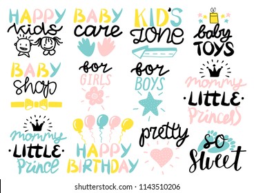 12 children s logo with handwriting Happy birthday, Baby care, Zone, Toys, Shop, For girls, boys, Mommy little princess, prince, Pretty, So sweet. Kids background Poster Emblem Icon