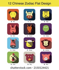 12 Chinese Traditional zodiac animal face flat icon design