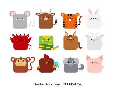 12 Chinese zodiac animal character sqaure faces icon vector set isolated on white background. Cute kawaii square head of dragon, monkey snake, pig, dog, rooster rat, bull, tiger rabbit, horse goat.