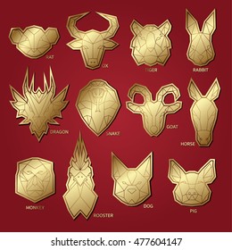 12 Chinese zodiac animal concept. Geometric vector. Set of polygons with gold animal head. Rat, Ox, Tiger, Rabbit, Dragon, Snake, Goat, Horse, Monkey, Rooster, Dog, Pig. for decorate product