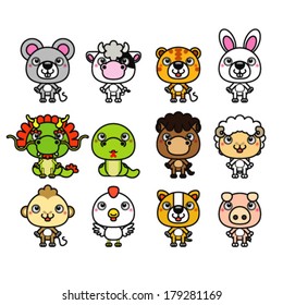 12 Chinese Zodiac animal stickers,cartoon vector illustration 