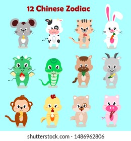 12 Chinese Zodiac animal, vector cartoon animal set, Chinese character horoscope.