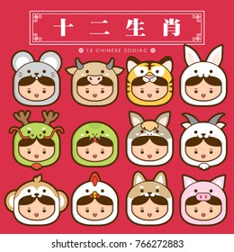 12 chinese zodiac, icon set (Chinese Translation: 12 Chinese zodiac signs: rat, ox, tiger, rabbit, dragon, snake, horse, sheep, monkey, rooster, dog and pig)