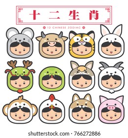 12 chinese zodiac, icon set (Chinese Translation: 12 Chinese zodiac signs: rat, ox, tiger, rabbit, dragon, snake, horse, sheep, monkey, rooster, dog and pig)