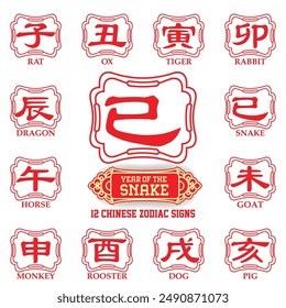12 Chinese zodiac signs design, 2025 year of the Snake.
