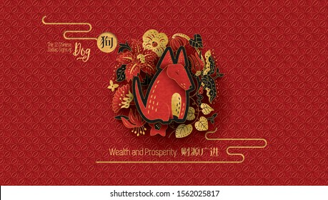 The 12 Chinese Zodiac Signs of Dog with corresponding hieroglyphs. Happy Chinese New Year greeting. Vector illustration.