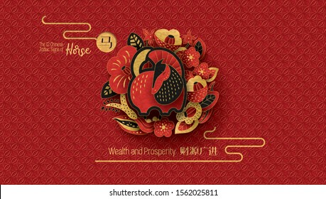 The 12 Chinese Zodiac Signs of Horse with corresponding hieroglyphs. Happy Chinese New Year greeting. Vector illustration.