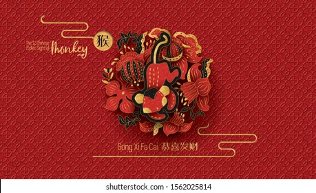 The 12 Chinese Zodiac Signs of Monkey with corresponding hieroglyphs. Happy Chinese New Year greeting. Vector illustration.