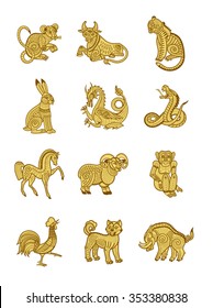 12 Chinese zodiac signs: rat, ox, tiger, rabbit, dragon, snake, horse, sheep, monkey, rooster, dog and pig. Horoscope symbols. Chinese zodiac animal icon symbol. Vector illustration. 