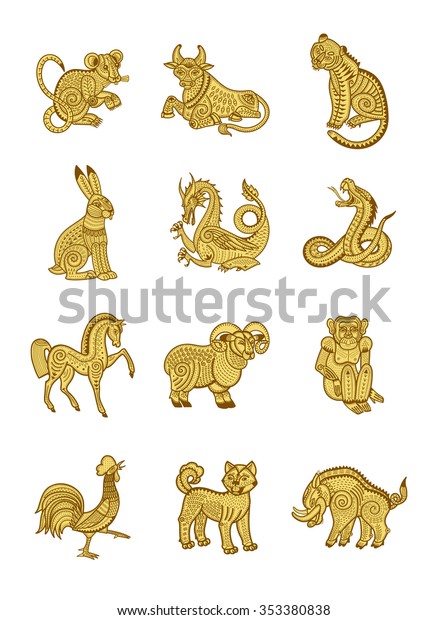 12干支 ネズミ 雄牛 虎 兎 ドラゴン ヘビ 馬 羊 猿 雄鶏 犬 豚 星占い記号 十二支の動物のアイコンシンボル ベクターイラスト のベクター画像素材 ロイヤリティフリー